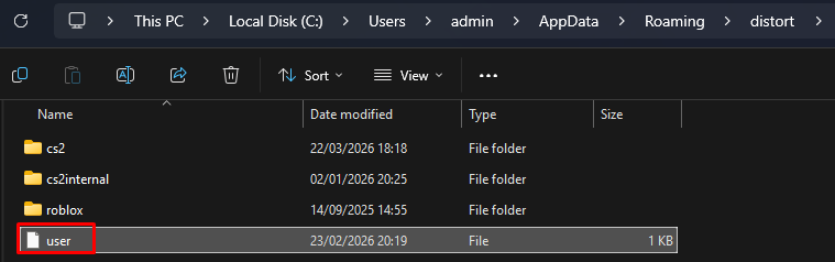 Delete the user file inside the distort folder